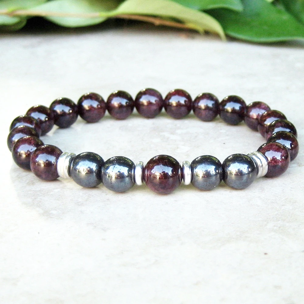 

MG0713 Woman's Garnet and Hematite Gemstone Bracelet Mala Healing Bracelet Calming Stress Bracelet Yoga Spiritual Bracelet