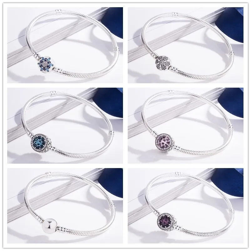 925 Sterling Silver Crystalized Snowflake Snake Chain Basic Bangle Bracelet Fit Women Bead Charm pandora Jewelry