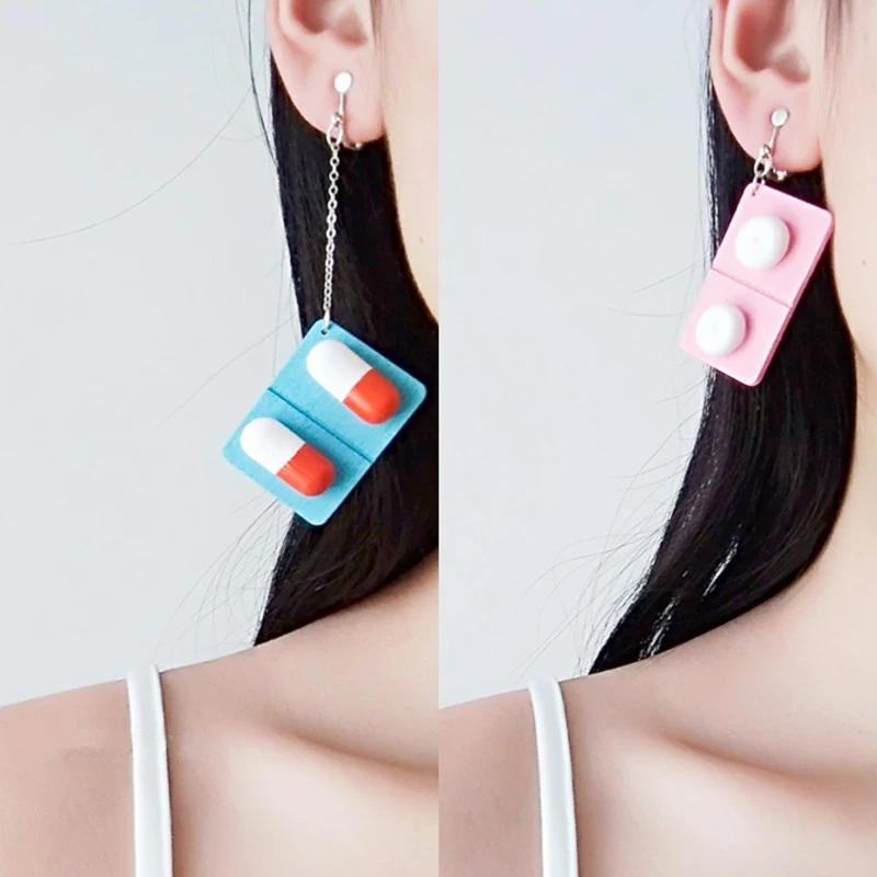 Funny Lovely Wooden Capsule Drop Earrings Cute Pills Medicine Big Dangle Earrings For Women Creative Fashion Jewelry Gift