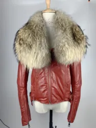 New Luxury Women's Genuine Sheep Skin Leather Jacket Warm Natural Real Raccoon Fur Collar Coat Women Female Autumn Winter