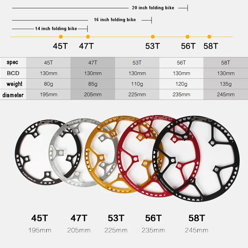 Litepro 45T 47T 53T 56T 58T Bike Crank Chainwheel for 14 16 18 20 inch Folding Bike Chain Wheel Bicycle 130 BCD Crank