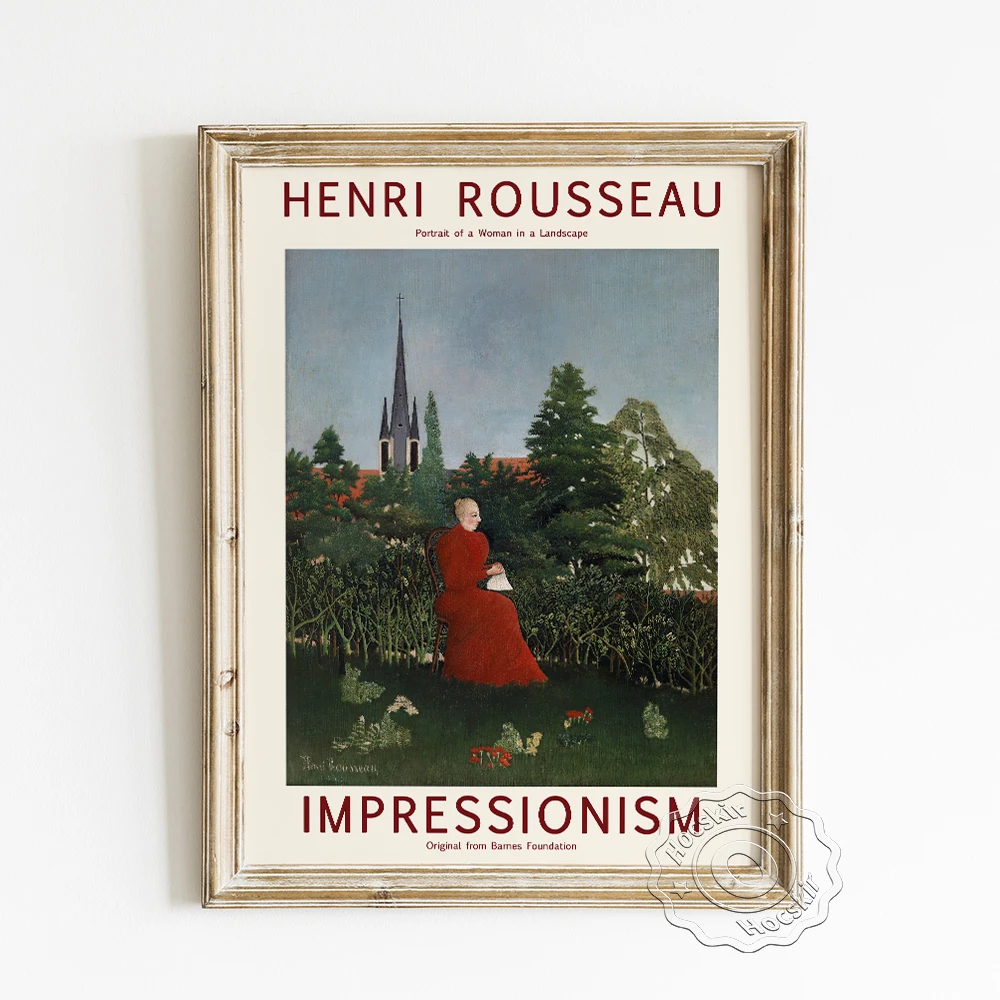 

Henri Rousseau Exhibition Museum Poster, Portrait Of A Woman In A Landscape Canvas Painting, Red Dress Lady Vintage Home Decor