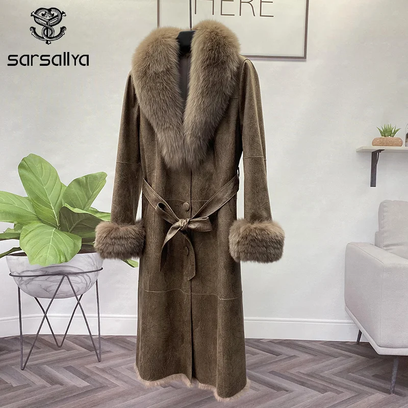 Women Genuine Real Sheepskin V Neck Long Coat Black With Fox Fur Collar Coat Women Natural Rabbit Fluffy Fur Winter Clothes