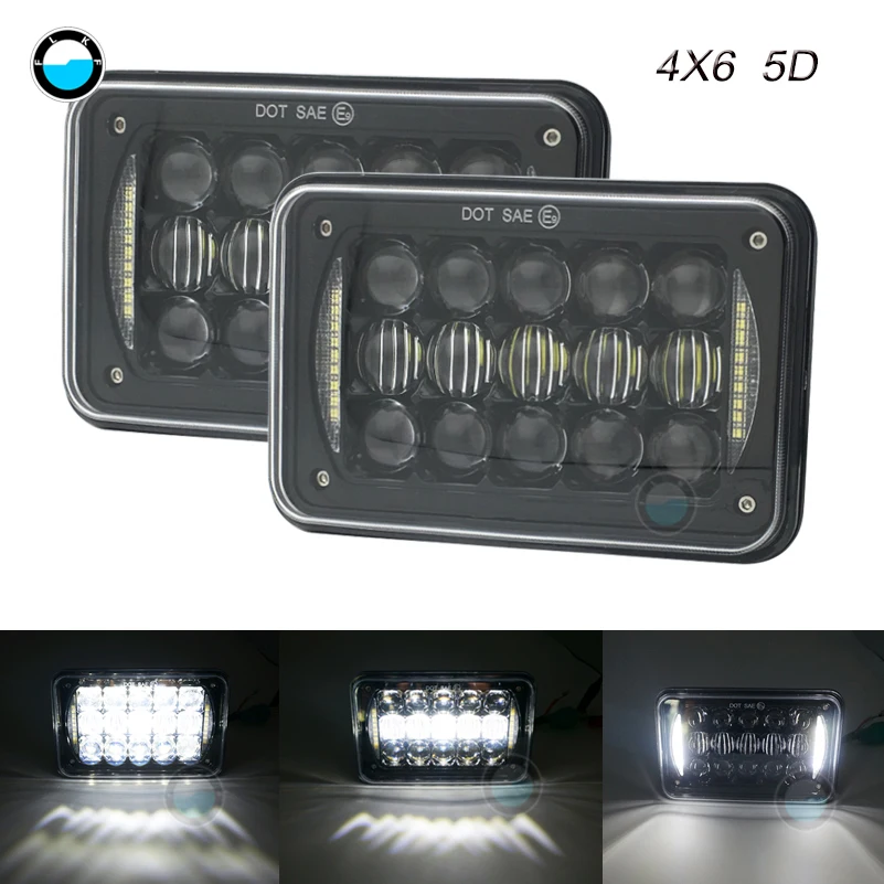 2Pcs 4x6 LED Headlights DRL - DOT Approved Rectangle 6X4 5D 48W LED Headlamp Replacement - H4656/H4651 Black Housing.