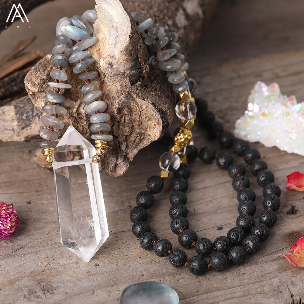 

Natural White Quartz Double Point Pendant Labradorite Chip Beads 8mm Black Lava Stone Round Beads Knotted Handmade Necklace