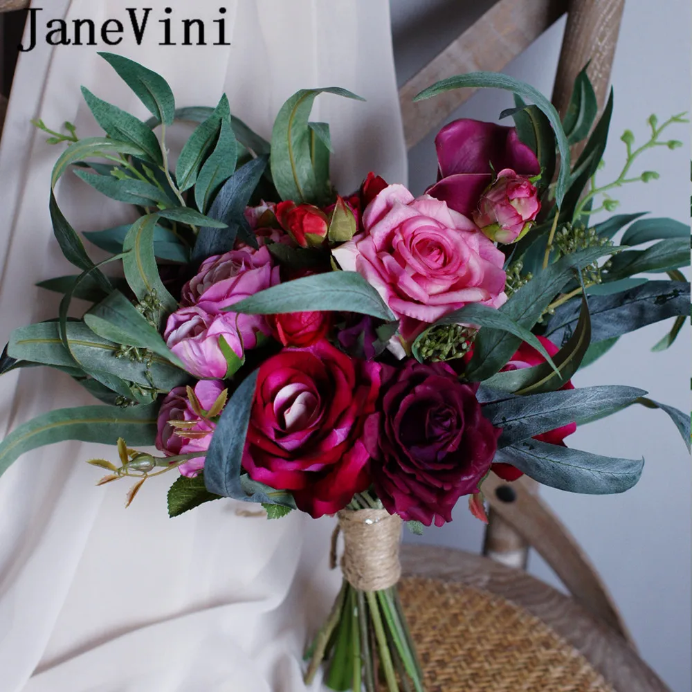 JaneVini Vintage Fuchsia Bride Rose Bouquet Flowers 2020 European Style Wedding Bouquet Charm Bridal Artificial Flower Brooches