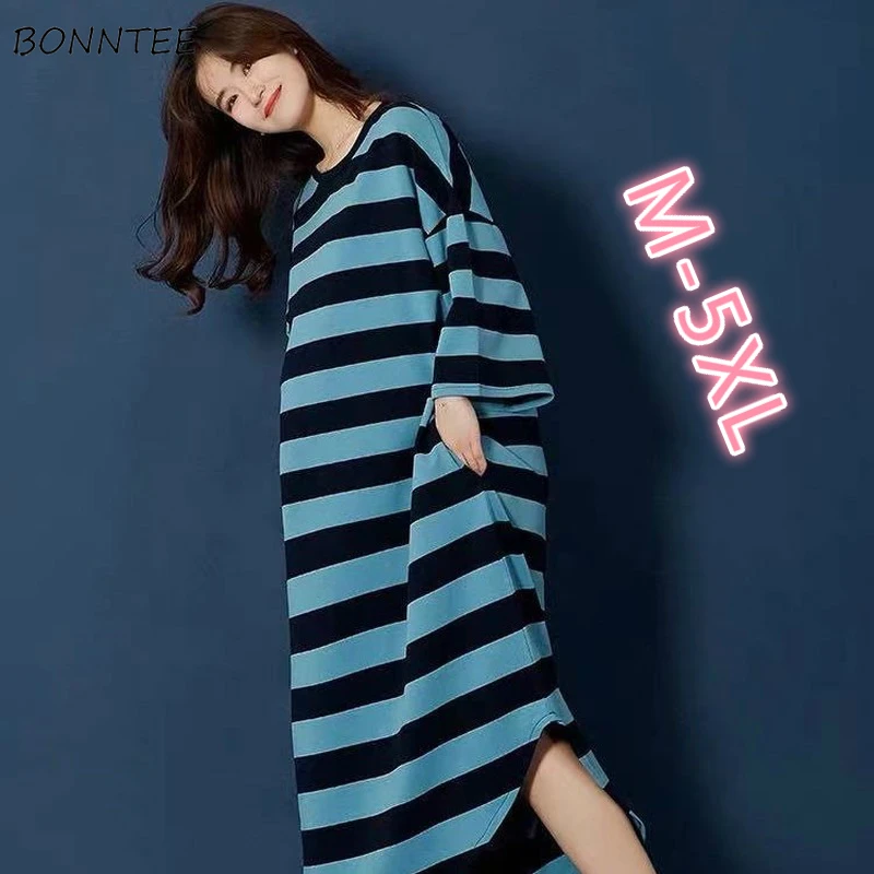 Nightgowns Women Summer Striped Plus-size 6XL Loose Korean Chic Leisure Womens Oversize Long-Pyjamas Mid-calf Breathable Cotton