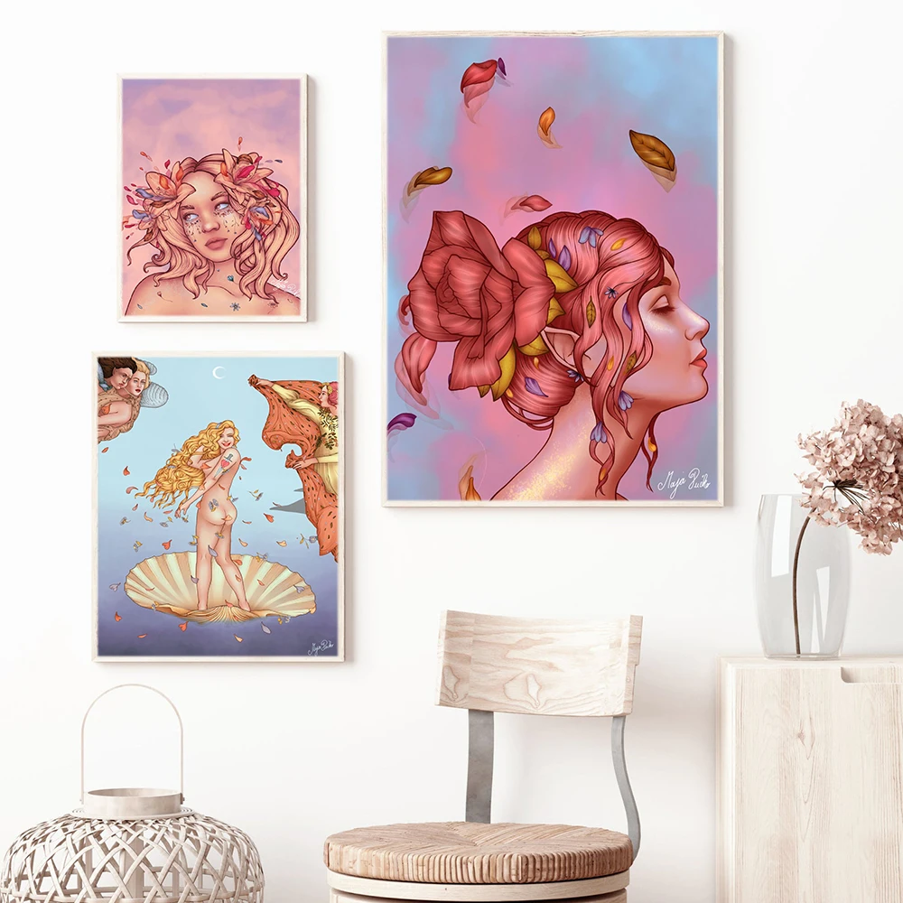 The Birth of Venus Famous Nordic Poster Retro Flower Girl Art Feminism Prints Bliss Bouquet Art Living Room Decoration Frameless