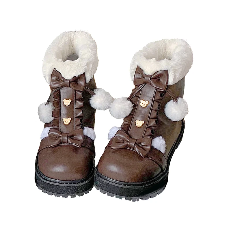 Mid Heel Platform Lolita Snow Boots Women Winter New Plush Bear Bowknot High Top Female Japanese Kawaii Lolita Ankle Boots