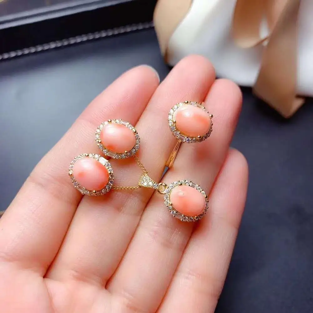 FS 8*10 Natural Pink Coral Ring Earrings Pendant Necklace Set S925 Sterling Silver Fashion Fine Weddings Jewelry Women MeiBaPJ