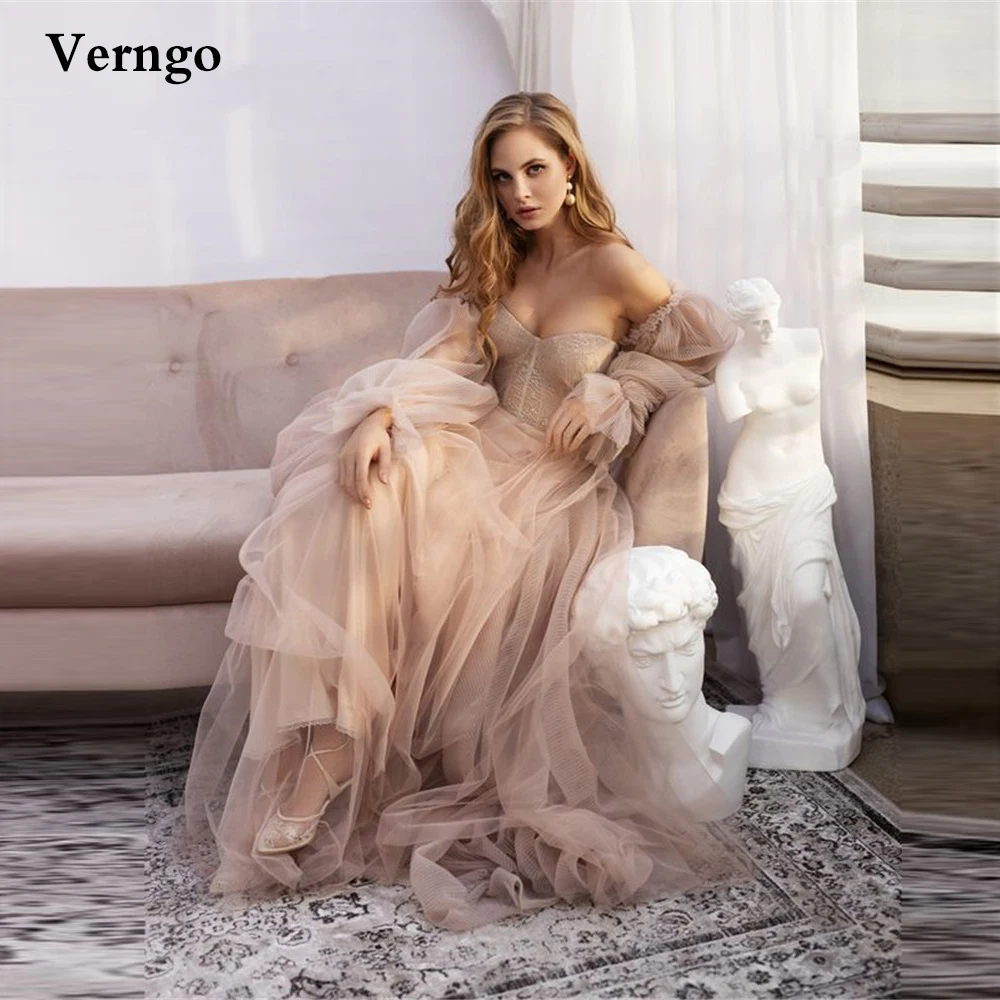 Verngo Dusty Pink Long Prom Dresses 2021 Off the Shoulder Sweetheart Tulle Romantic Elegant Princess Prom Party Gown Custom