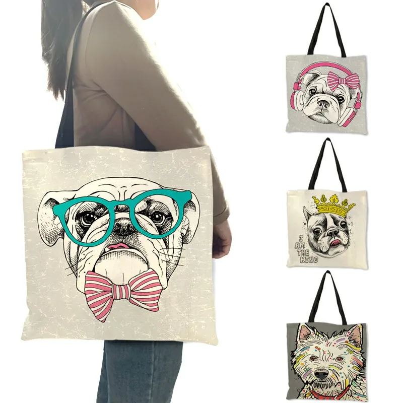 Creative Bulldog Terrier Print Tote Bag Women Handbags Eco Linen Shopping Bags With Customized Print  Traveling school Bags