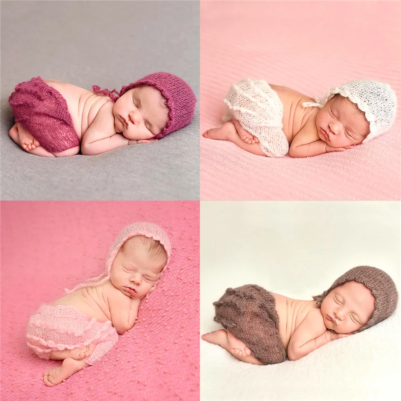 Newborn Photography Props Knitted Costume Baby Hats Caps Mohair Prop Accessories Baby Photo Accessory Baby Hat+Ruffles Pants Set