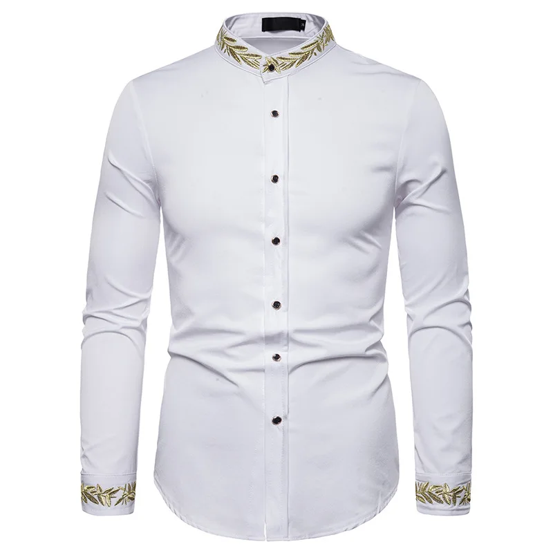 

Men's Hipster Embroidery White Shirts Slim Fit Mandarin Collar Men Dress Shirt Wedding Business Casual Camisa Social Masculina