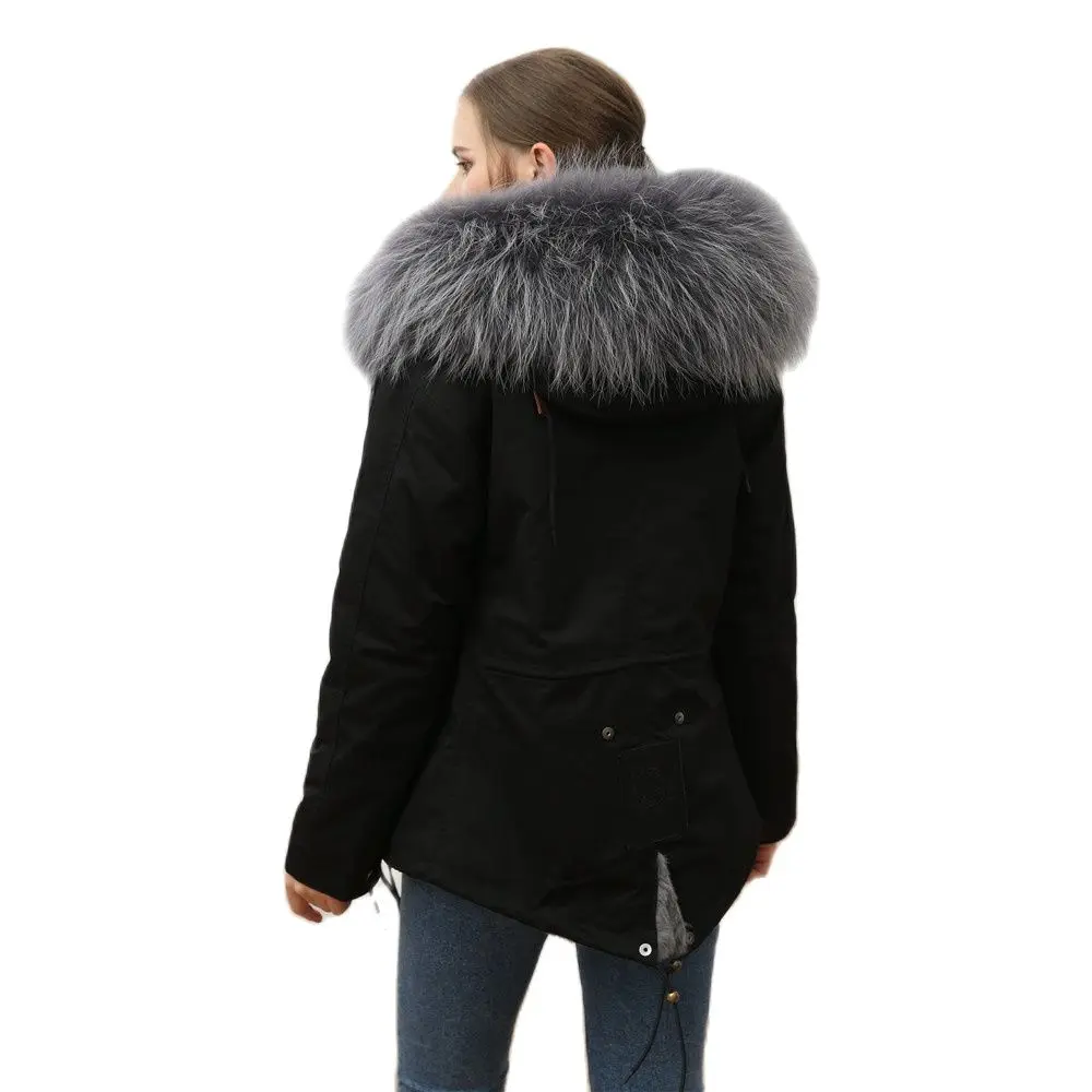 Black Short Coat Ladies Parka With Faux Fur Lining Women Leisurewear Fashion Overcoat Collar Detachable