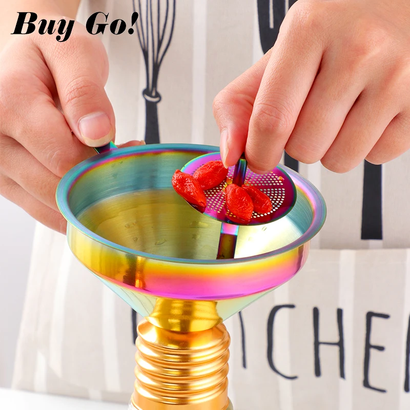 Functional Stainless Steel Gold Funnel Kitchen Oil Liquid Metal Funnel With Detachable Filter/Strainer for Canning Kitchen Tools