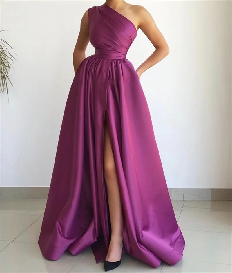 

Vinca Sunny vestidos de fiesta de noche Prom Dresses Purple One Shoulder A-Line Side Slit Satin Pleated Prom Dresses Zipper Back