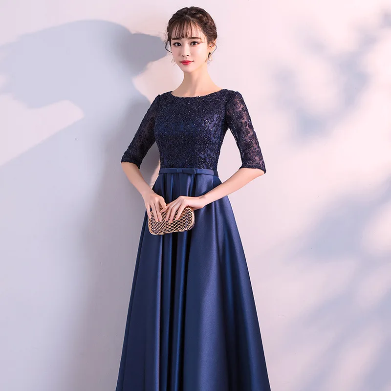 Nieuwe 2019 Lange Avondjurken Elegante Kant Satijn Marineblauw Vestidos Vrouwen Party Gown