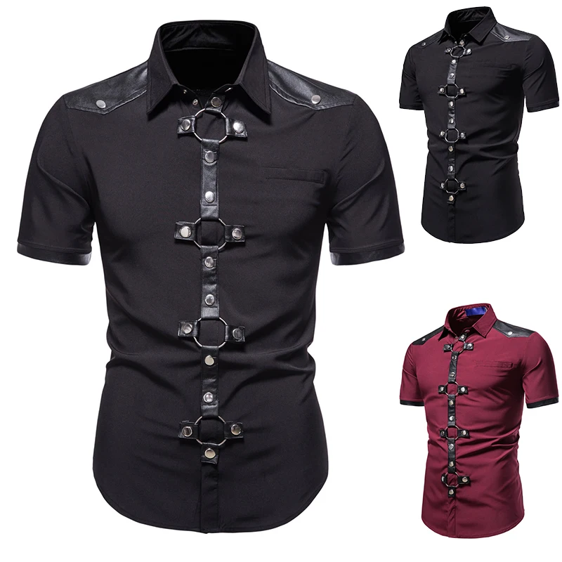 

Summer Mens Personality Long Sleeve Shirts Goth Style Rivet Cargo Shirt Slim Fit Party Singer Stage Streetwear Men Clothing