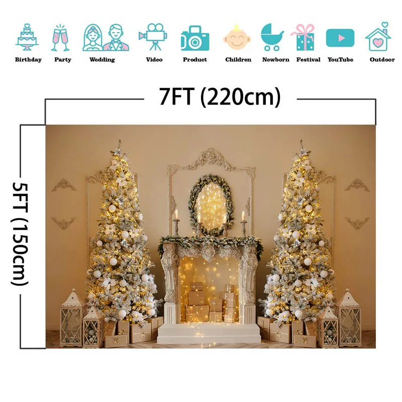 Magnificent คริสต์มาสเตาผิงการถ่ายภาพฉากหลังทองคริสต์มาสต้นไม้ของขวัญครอบครัวภาพพื้นหลังฤดูหน...