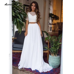 2024 vestidos de boda dos piezas de manga corta cuello redondo vestidos de novia elegantes cuentas ostentosas encaje gasa bata de velada personalizada