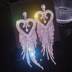 New Shiny Crystal Big Heart Earrings for Women Bijoux Long Tassel Full Rhinestone Drop Dangle Earrings Statement Jewelry Gifts