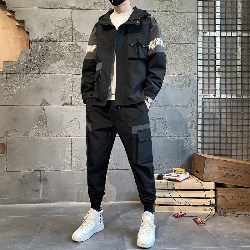 2 Pieces Sets Mens Jackets Loose Fit Elastic Waist Pants Hip Ropa Deportiva Hombre Fashion Cargo Pullover Tracksuit