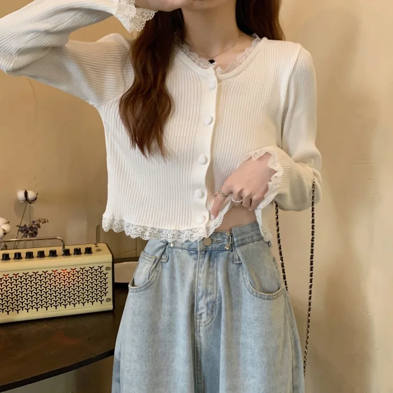 Cardigans Women Lace Design Gentle Sweet All-match Trendy Chic Ulzzang Simple Slim Knitted Cardigan Students Autumn New Popular