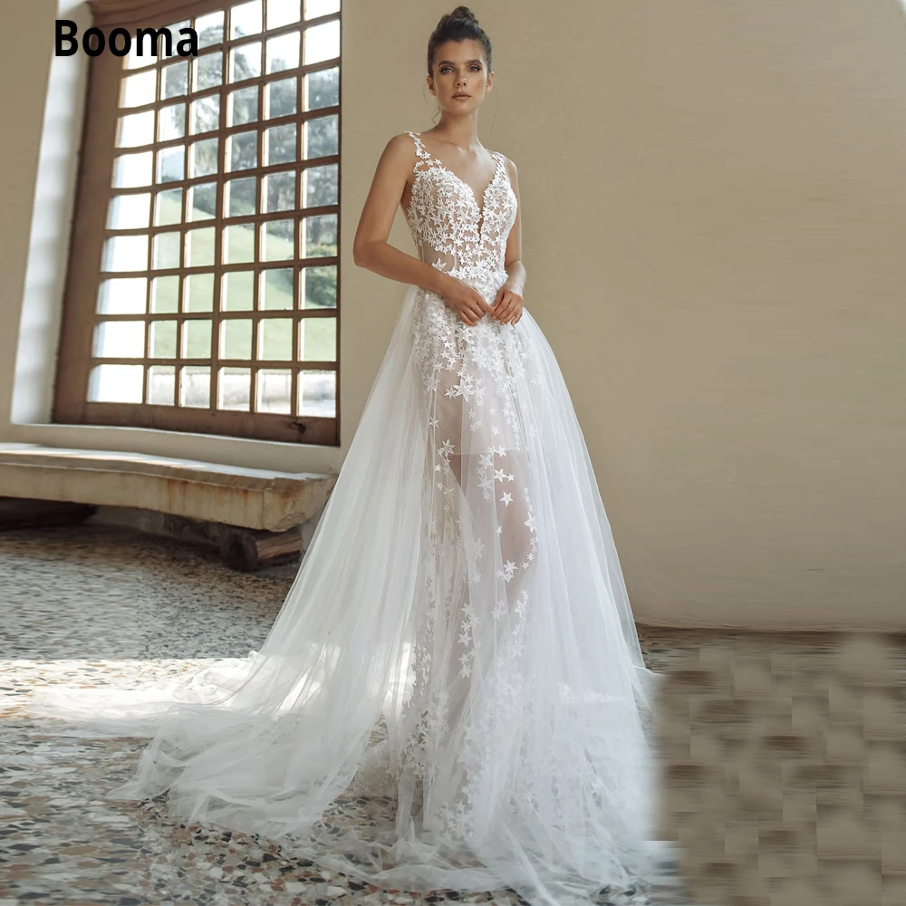 Booma-Vestidos de Novia de encaje con estrellas, vestidos de novia de tul sin mangas con cuello en V, talla grande, ilusión Bohemia, 2020