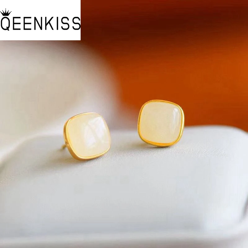 

QEENKISS 24KT Gold Vintage Square Stud Earrings For Women Fine Wholesale Jewelry Wedding Party Bride Ladies Mother Gift EG5123