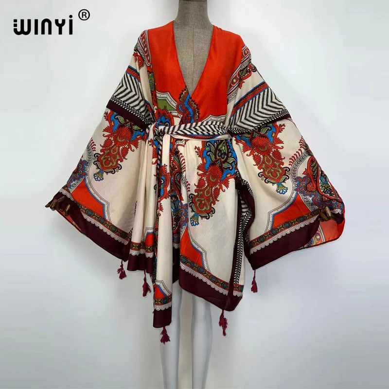 WINYI 2021 ameryka wiosna kobiety Cardigan stitch szata koktajl sexy Boho Maxi afryki wakacje rękaw w kształcie skrzydła nietoperza jedwabny szlafrok