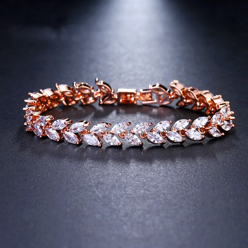 Ekopdee Fashion Charm Cubic Zirconia Leaf Bracelet For Women Luxury Zircon Bracelets Female Wedding Jewelry Accessories 2021 New