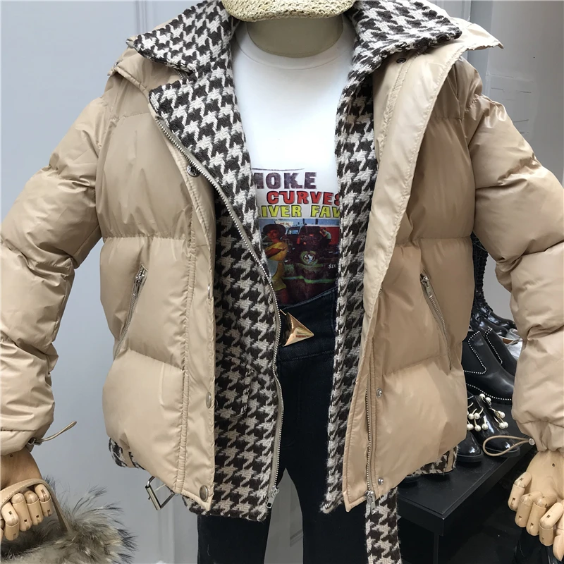 2022 Winter Jacket Women Coat Plaid Splicing Fake Two Pieces Down Cotton Padded Jacket Female Parka Coat Loose Outwear MY278