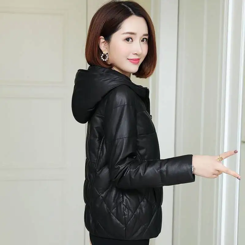 Fashion PU Leather Jackets Winter 2024 New Women's Cotton Coat Parka Loose Casual Hooded  Black Leather Coat Parkas Female