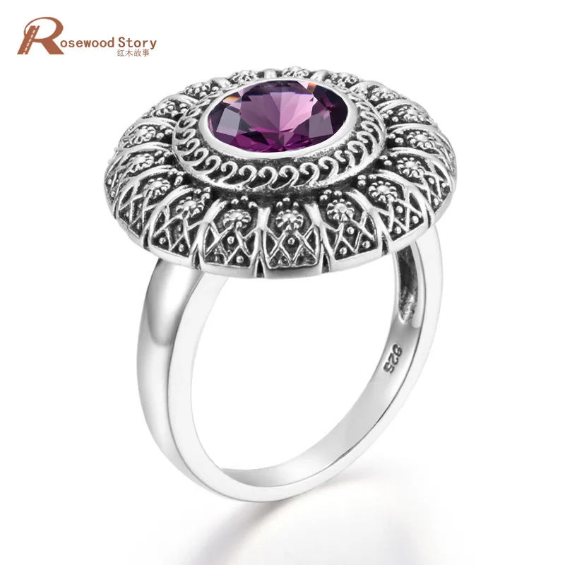 Pierścionek z ametystem kwiatowy okrągły damski srebrny pierścionek 925 Vintage Carve pierścionek z białego złota Prong Setting Wedding 2020 Brand Fine Jewelry