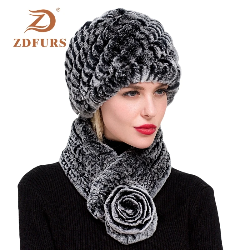 ZDFURS *winter women real rex rabbit fur hat  scarf 2 piece set handmade knit genuine rabbit fur caps brand fashion hat scarf