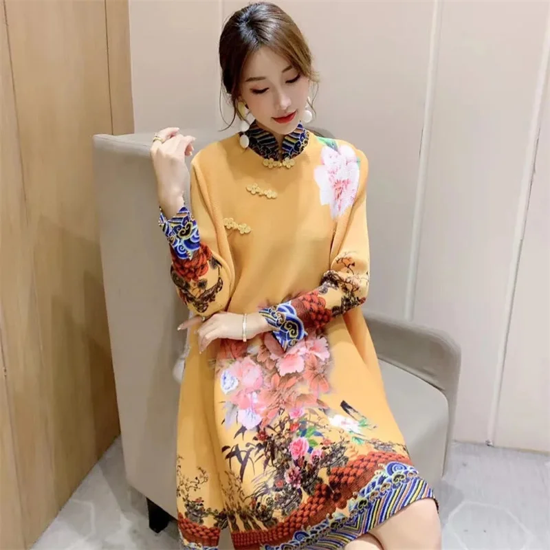 

Chinese Style Print Pleated Droop Dress 2022 Spring Autumn New Retro Loose Fashion Stand-Up Collar Cheongsam Dress Elegant