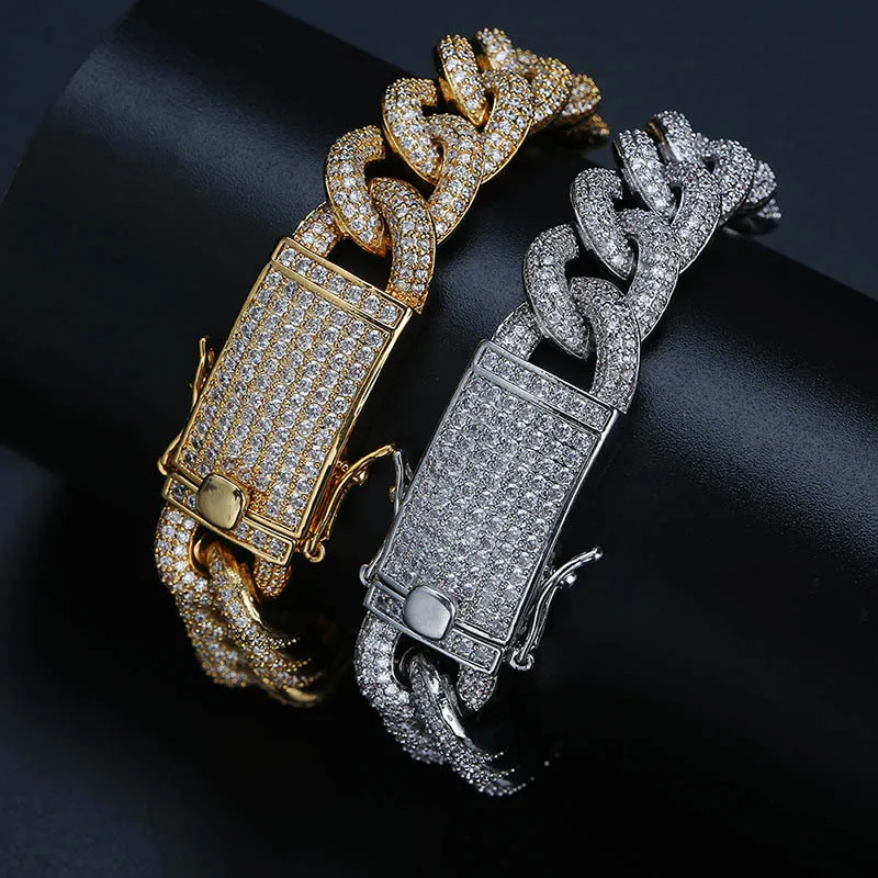 Hip Hop AAA+ CZ Zircon Paved Bling Ice Out Round Cuban Miami Curb Link Chain Bracelets for Men Rapper Jewelry Gold Silver Color