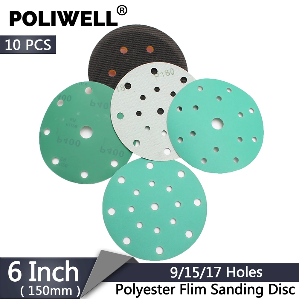 POLIWELL 10PCS 6 Inch Wet Dry Sanding Discs 9/15/17 Hole 60-800 Grit Hook&Loop PET Film Green Sandpaper for Festool Sanding Pad