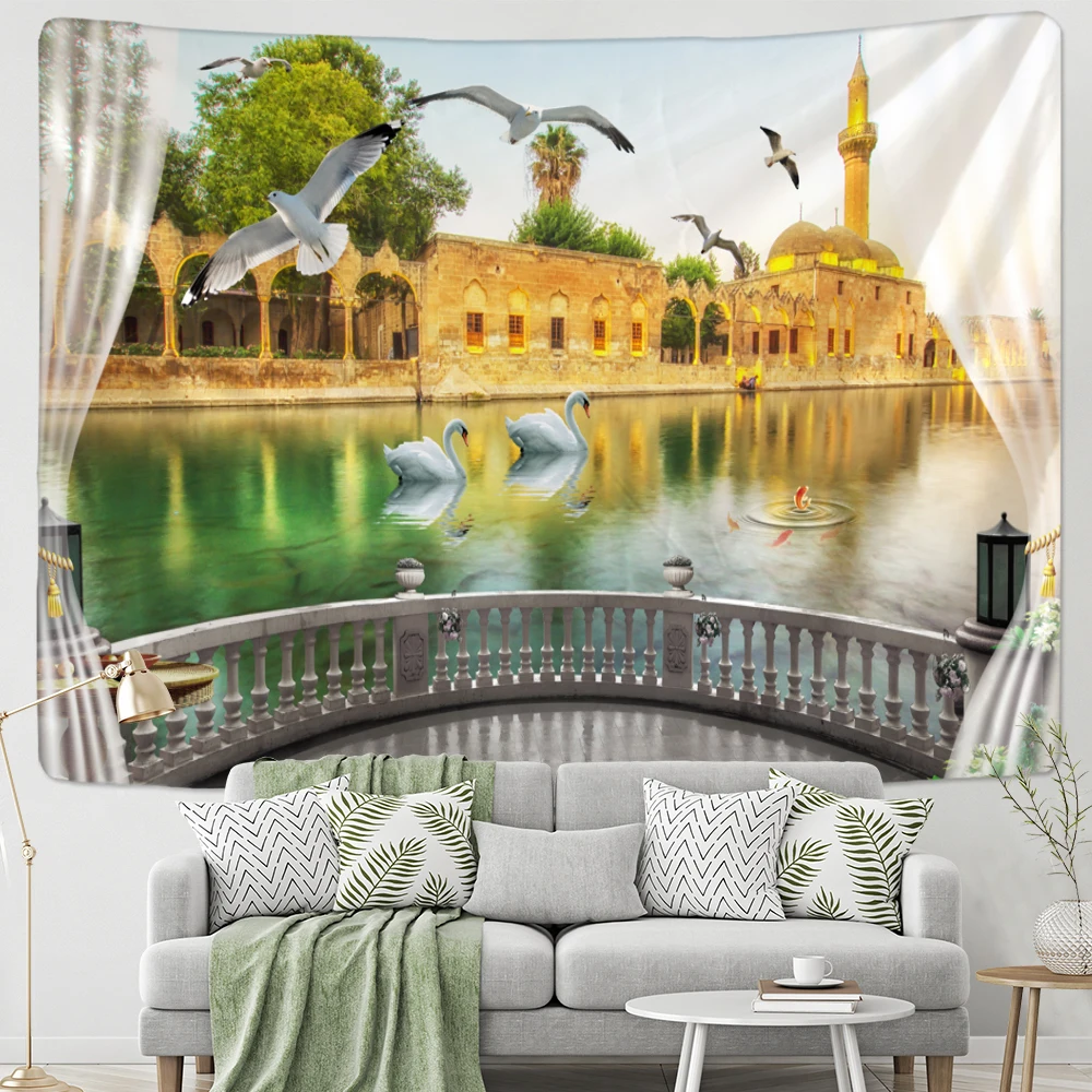 

Имитация окна гобелен с пейзажем настенное Тропическое дерево Приморское искусство богемное общежитие хиппи домашний декор