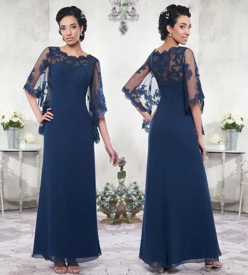 

Blue Mother Of The Bride Dresses A-line Scoop Floor Length Chiffon Appliques Plus Size Long Groom Mother Dresses Wedding