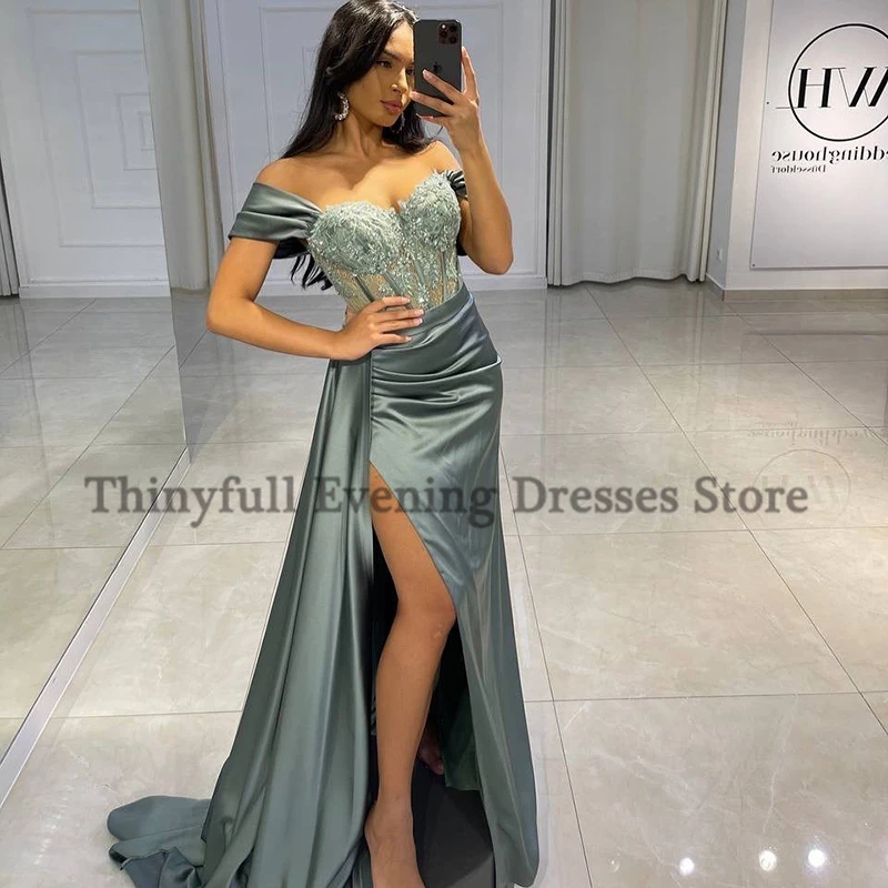 Thinyfull seksowne suknie wieczorowe na bal długie Off the Shoulder Party Dress aplikacje wysoki rozcięcie suknia koktajlowa Arabia Saudyjska