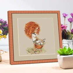 Curly girl with basket cross stitch kit Animal 18ct 14ct 11ct linen flaxen canvas stitching embroidery DIY