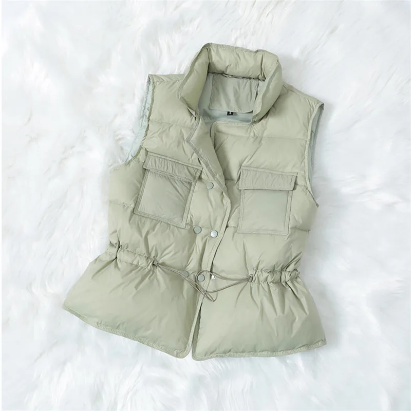 New Autumn Winter Women Sleeveless Jacket Warm Light White Duck Down Vest Coat Female Drawstring Down Waistcoat Short Tops A1914