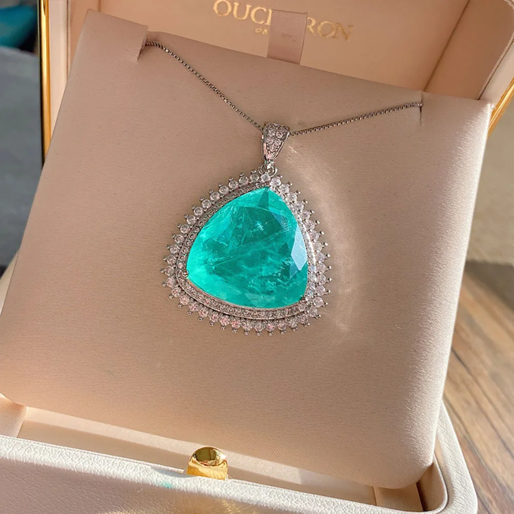 KNRIQUEN Vintage 24*24mm Paraiba Tourmaline Emerald Pink Quartz Gemstone Pendant Necklace Fine Jewelry Statement Gift for Women