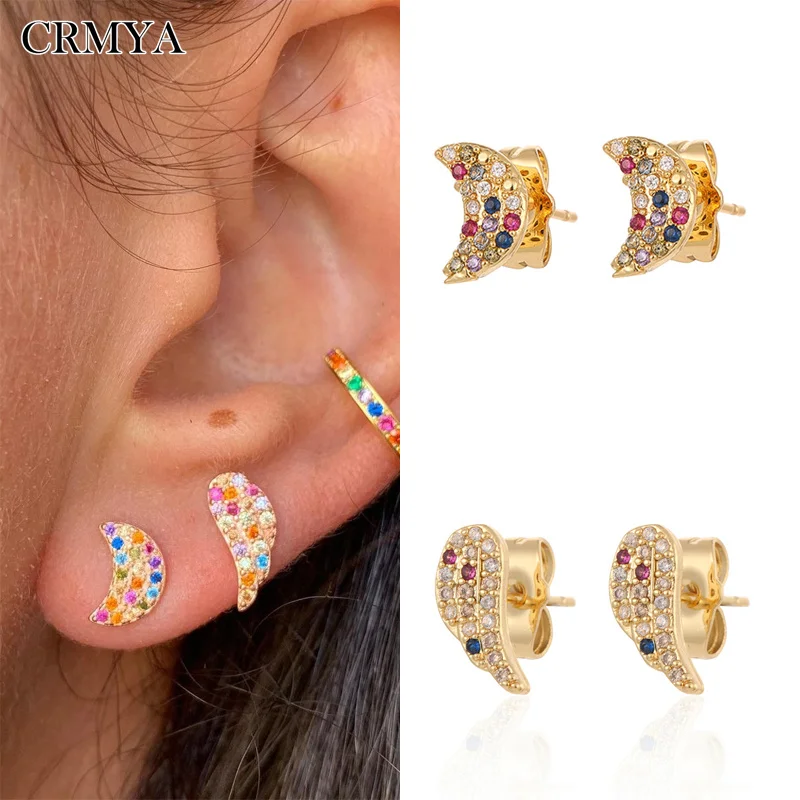 

CRMYA Gold plated Piercing Stud Earring Color CZ Zircon Moon Wing Stud Earrings For Women Jewelry Accessories Wholesale