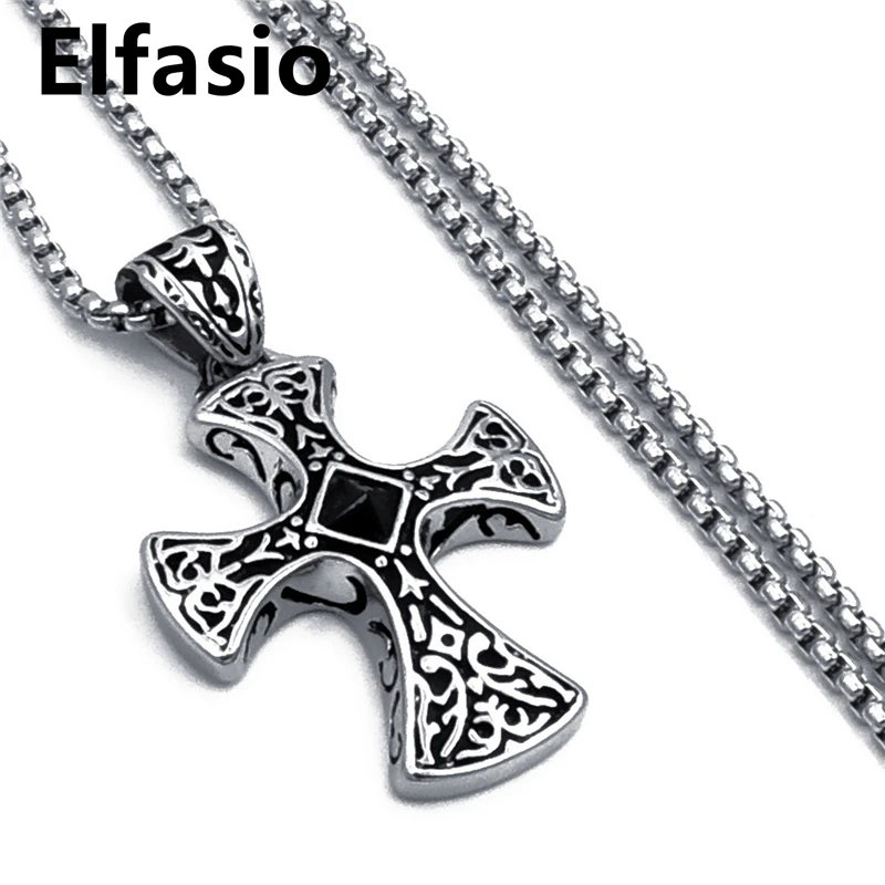 Elfasio Mens Boys Celtic Black CZ Cross Stainless Steel Pendant Necklace with 18-30inch Box Chain Vintage Jewelry