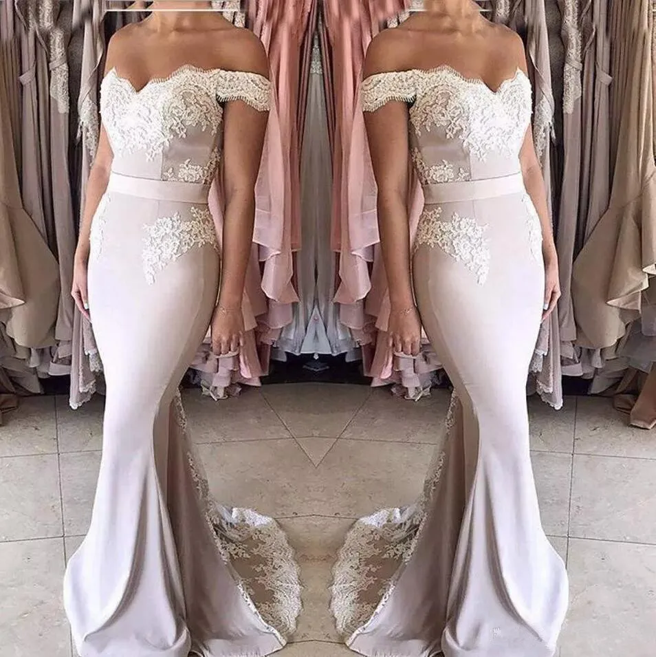 

Elegant Cheap Bridesmaid Dresses Under 50 Mermaid Off The Shoulder Appliques Long Wedding Party Dresses For Women