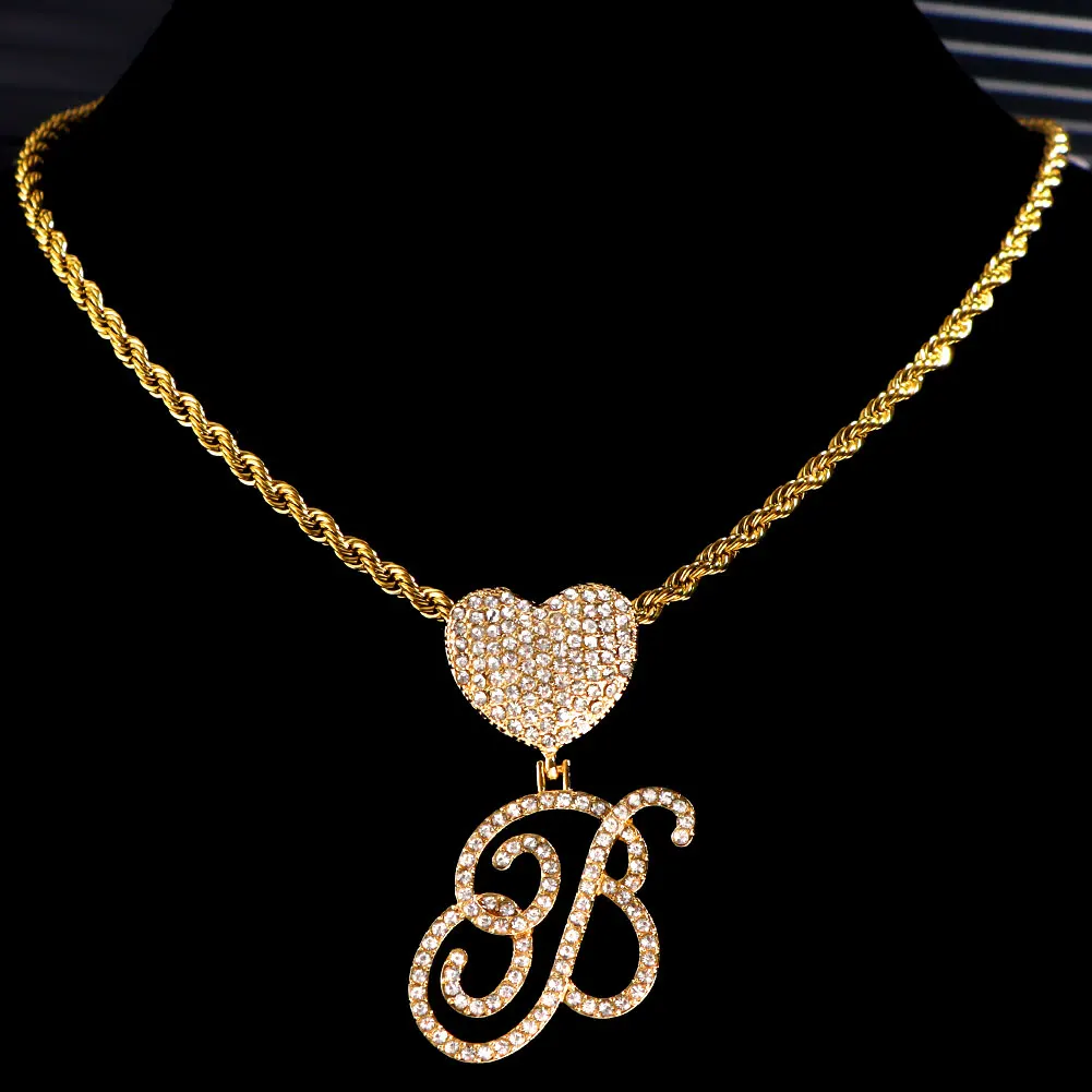 Women Men Stainless steel Rope Chain Cursive Letters Pendant Necklaces Iced Out Letters With Heart Metal Necklace Hiphop Jewelry