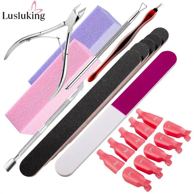 22Pcs/set Nail Art Sponge Buffer Polishing Cuticle Scissors Pushers 10pcs Soaker Caps Manicuring Professional Nail Art Tools